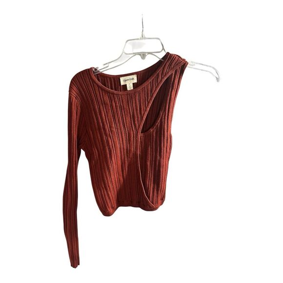 Open Edit Cut Out One Shoulder Orange Cropped LS Top Size M Split Hem Sweater - Picture 1 of 8